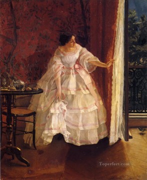  Lady Tableaux - Dame à une fenêtre Nourrir les oiseaux dame peintre belge Alfred Stevens